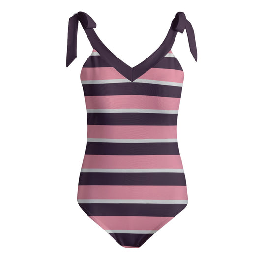 Vampire Art Retro Women's Tie Shoulder One-piece Padded Swimsuit - Purple and Pink Stripes