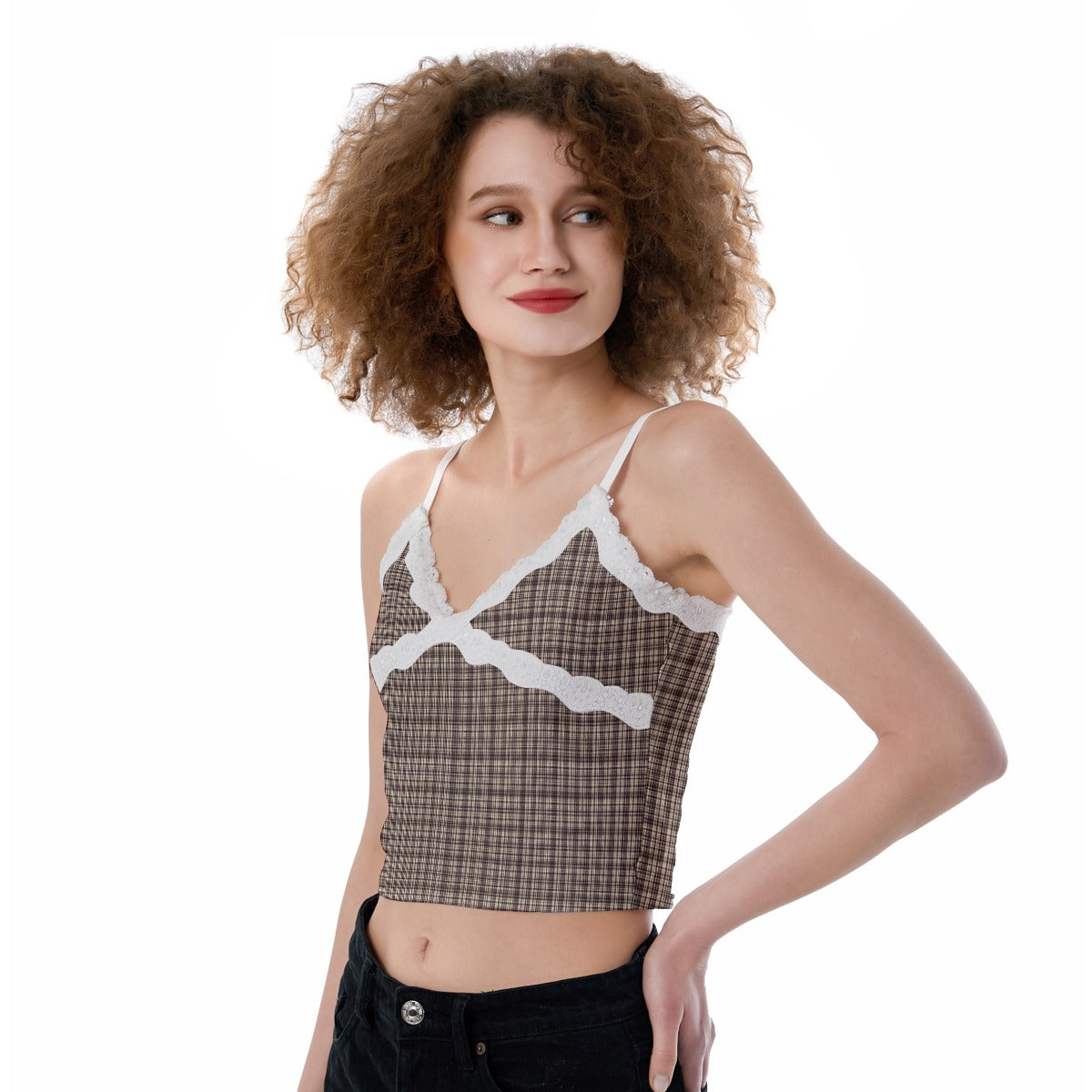 Vampire Art Dark Academia Cream & White Tartan Women's Lace Camisole