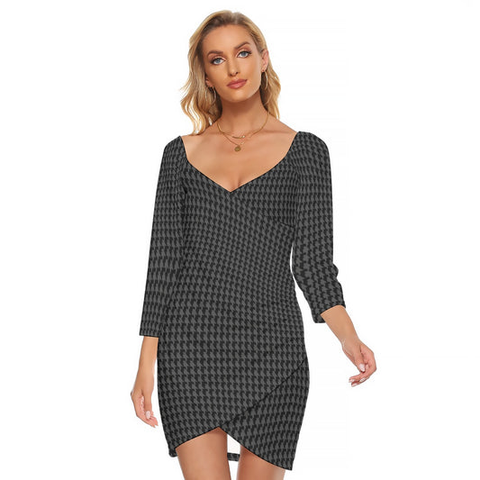 Vampire Art Retro Houndstooth in Black & Charcoal Women's Off-shoulder Long Sleeve Dress