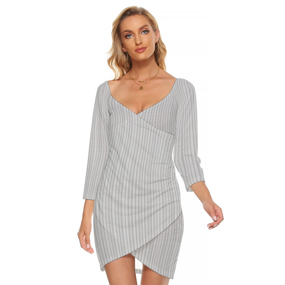 Vampire Art Vintage Grandad Stripes in Grey Women's Off-shoulder Long Sleeve Dress