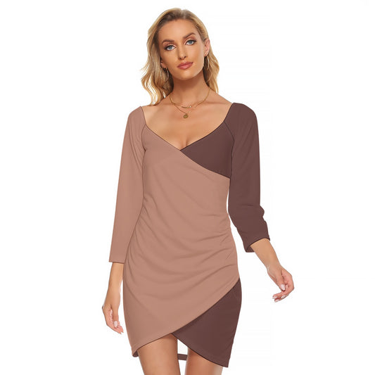 Vampire Art Sixties Beige and Brown Women's Off-shoulder Long Sleeve Dress