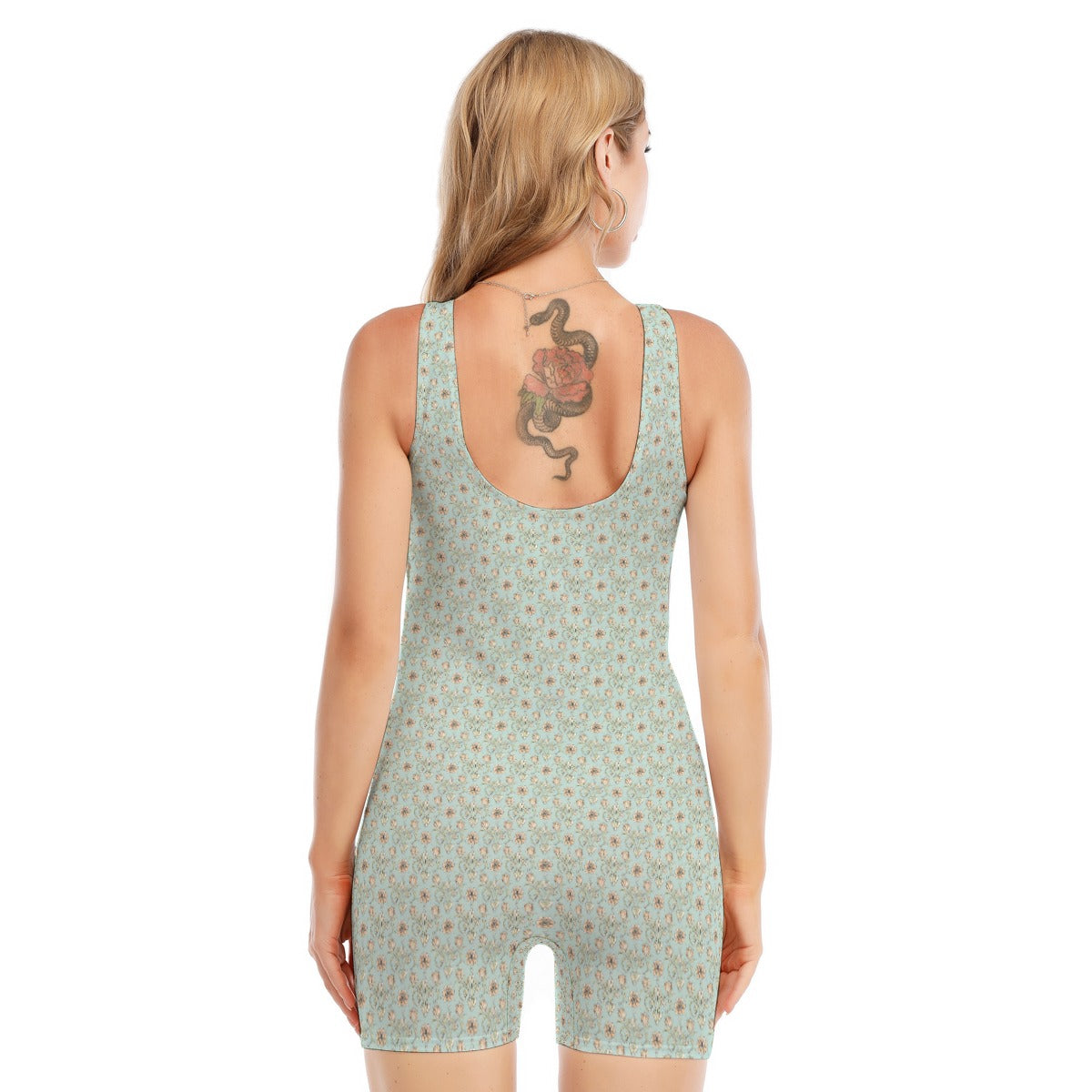 Vampire Art Women's Sleeveless One-piece Boyleg Swimsuit - Retro Victorian Floral Pattern in Aqua Green