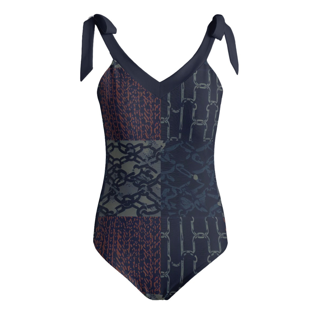 Vampire Art Grunge Patchwork Women's Tie Shoulder One-piece Padded Swimsuit - Rusty Chains