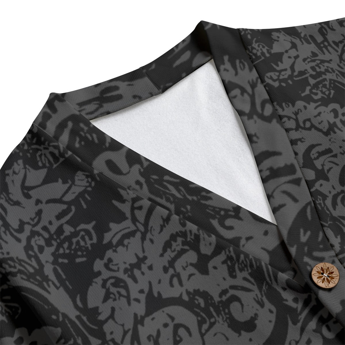 Vampire Art Grunge Damask in Black & Charcoal Unisex V-neck Knitted Fleece Cardigan With Buttons