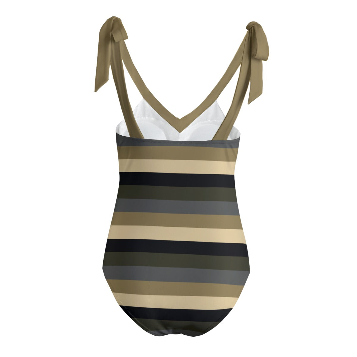 Vampire Art Retro Women's Tie Shoulder One-piece Padded Swimsuit - Seventies Stripes with Khaki