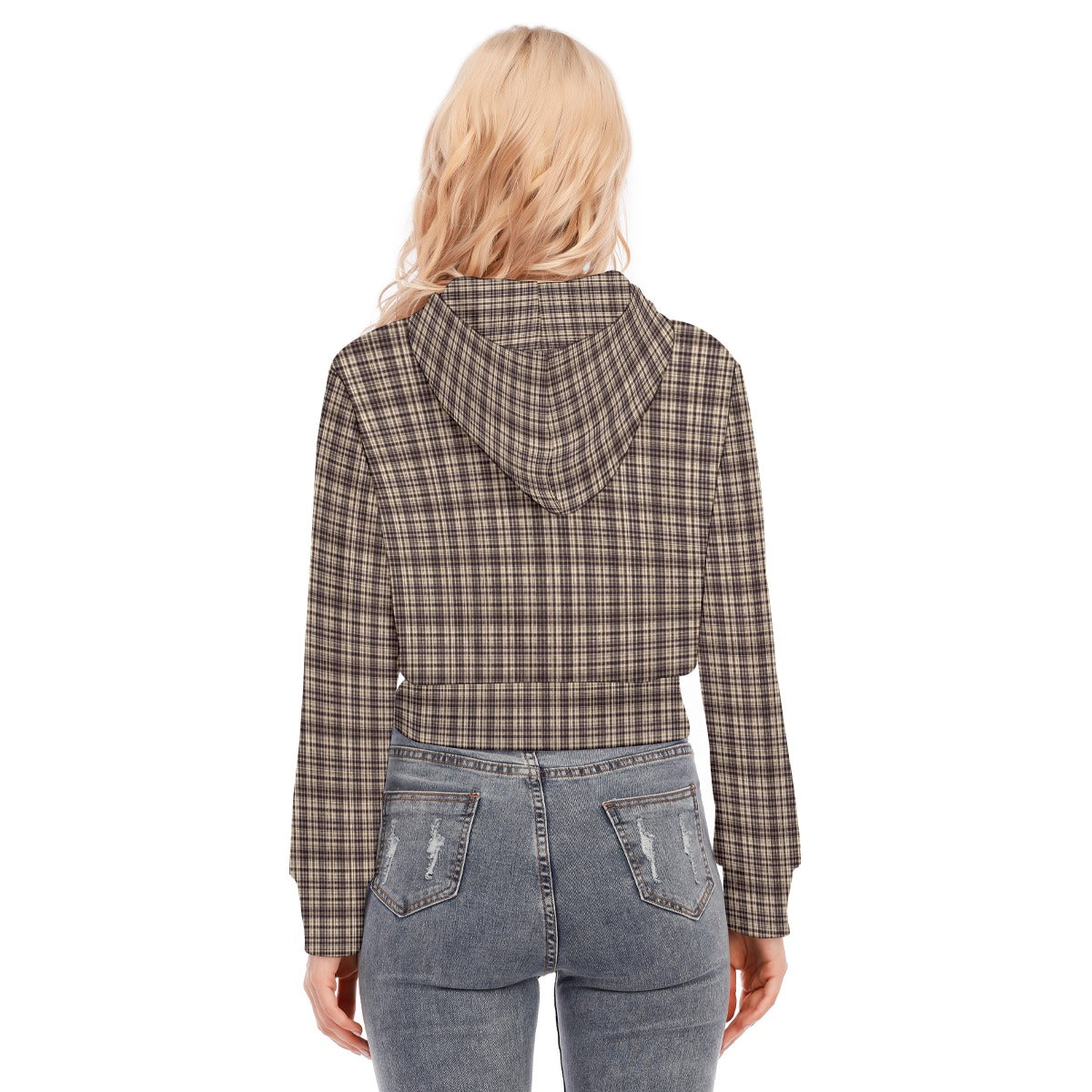 Vampire Art Dark Academia Cream & Black Tartan Women's Crop Top Hoodie With Zipper Closure