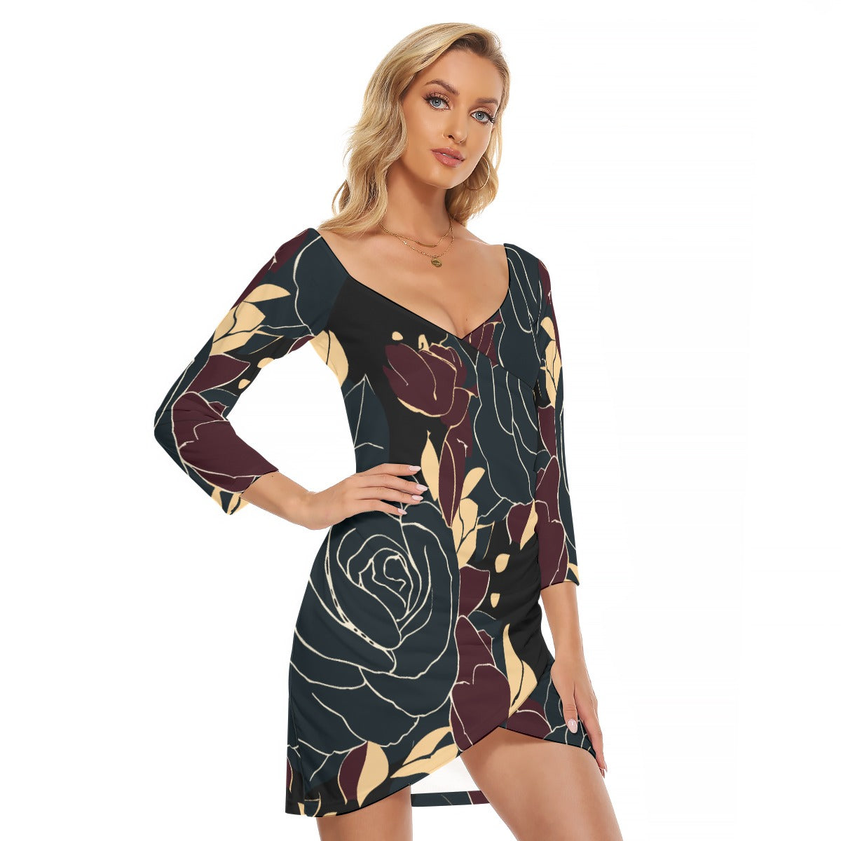 Vampire Art Retro Black and Gold Roses Women's Off-shoulder Long Sleeve Dress