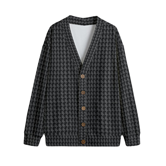 Vampire Art Retro Houndstooth in Black Unisex V-neck Knitted Fleece Cardigan With Button Closure