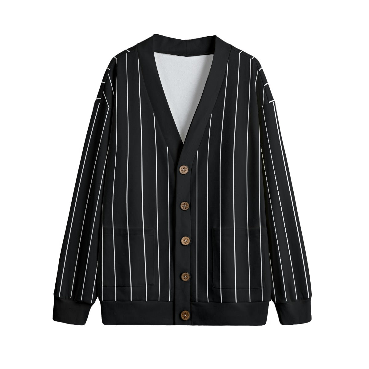 Vampire Art Victorian Stripes Black Unisex V-neck Knitted Fleece Cardigan With Buttons