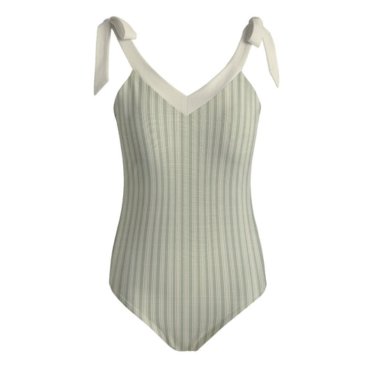 Vampire Art Retro Women's Tie Shoulder One-piece Padded Swimsuit - Grandad Stripes in Khaki