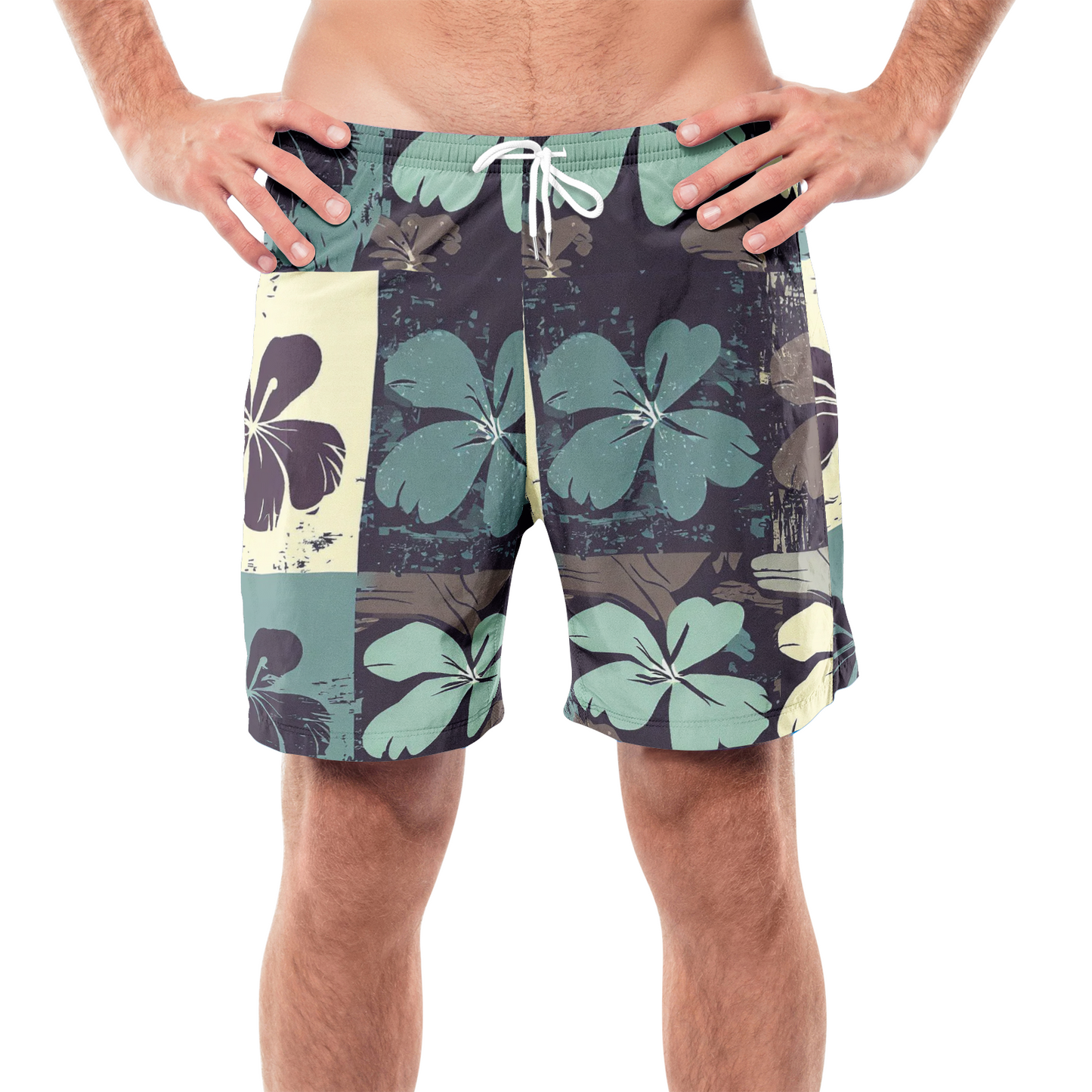 Vampire Art Retro Surf Patchwork Men's Beach Shorts - Brown Flower