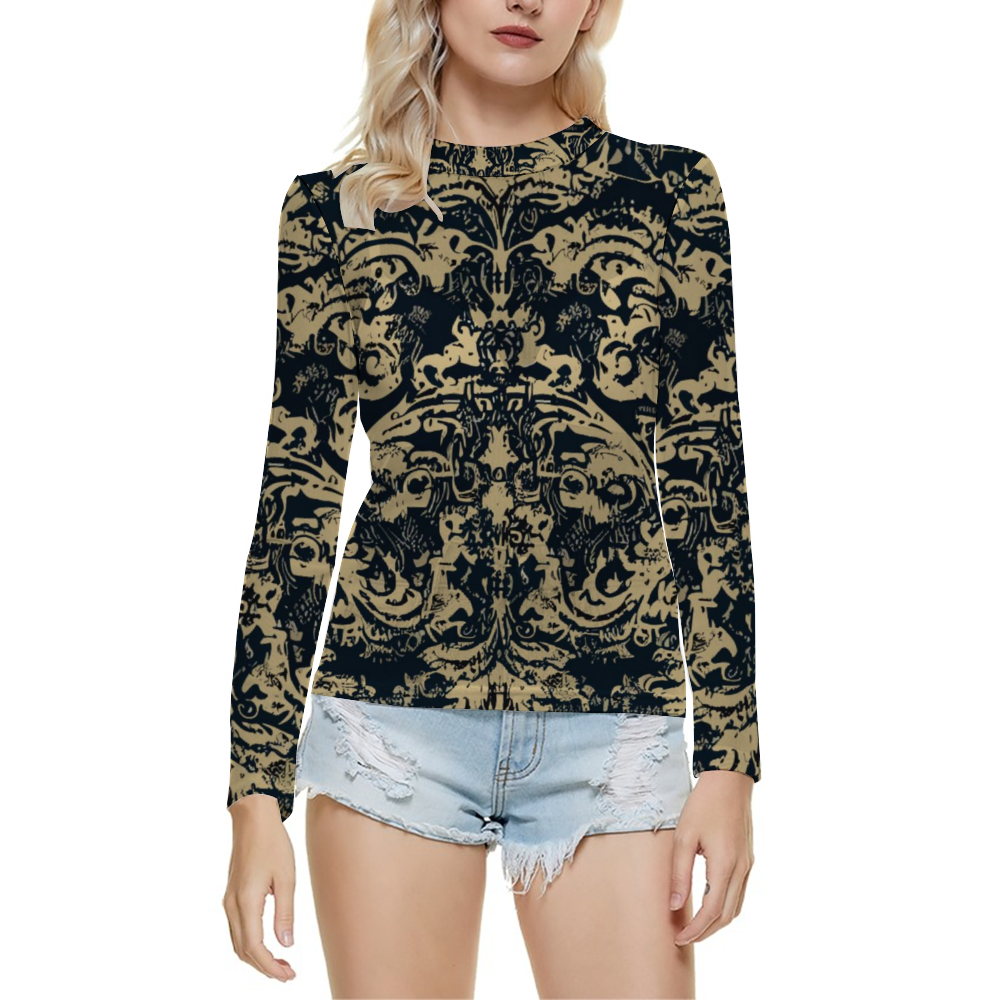 Vampire Art Vintage Grunge Damask Woman's See Through Mesh Long Sleeve Shirt Top