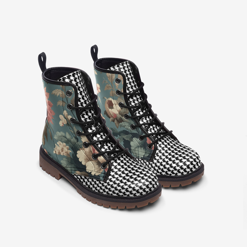 Vampire Art Victorian Grunge Floral Houndstooth Casual Faux Leather Lightweight Combat Boots - US sizes