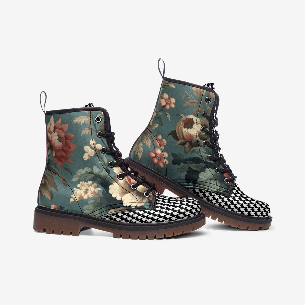 Vampire Art Victorian Grunge Floral Houndstooth Casual Faux Leather Lightweight Combat Boots - US sizes