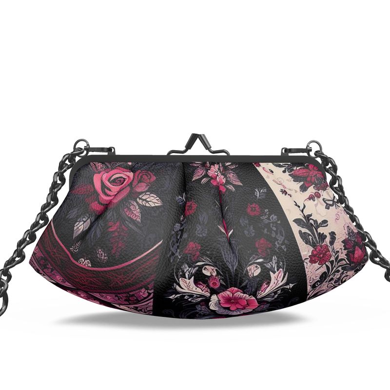Vampire Art Grunge Victorian Patchwork Premium Nappa Leather Pleated Clutch Bag - Black and Roses