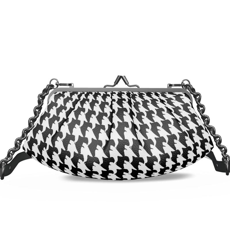 Vampire Art Retro Houndstooth Premium Nappa Leather Pleated Clutch Bag - Black and White