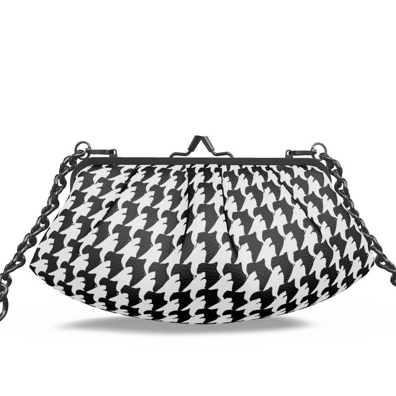 Vampire Art Retro Houndstooth Premium Nappa Leather Pleated Clutch Bag - Black and White