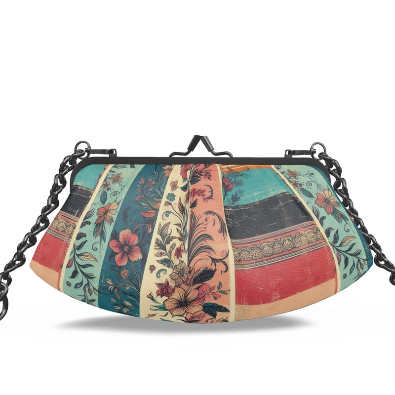 Vampire Art Grunge Victorian Patchwork Premium Nappa Leather Pleated Clutch Bag - Stripes and Flowers