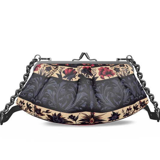 Vampire Art Grunge Victorian Patchwork Premium Nappa Leather Pleated Clutch Bag - Black Blue Cream Roses