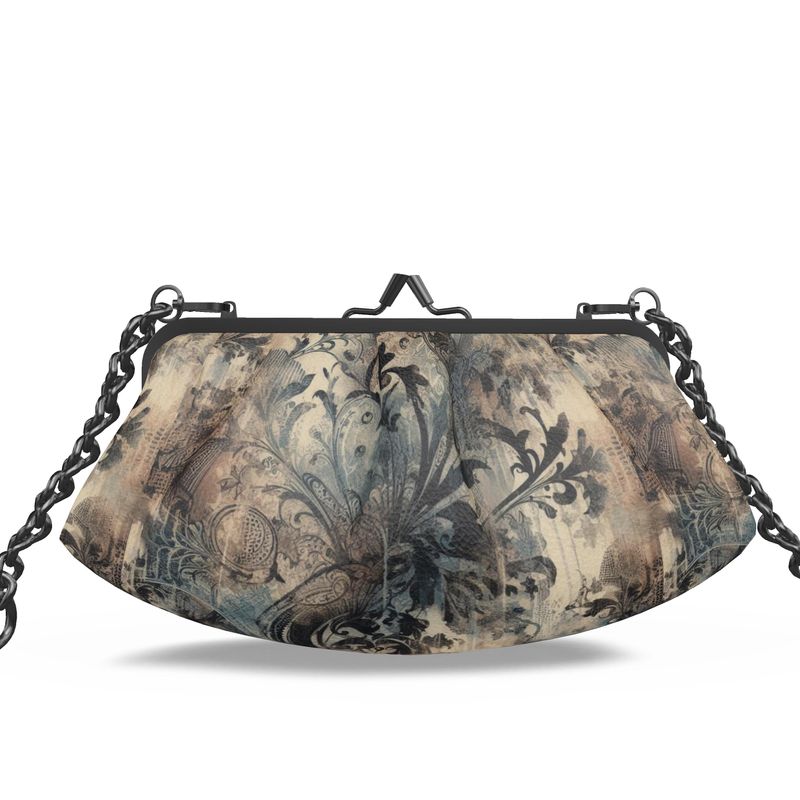 Vampire Art Grunge Victorian Patchwork Premium Nappa Leather Pleated Clutch Bag - Distressed Sepia