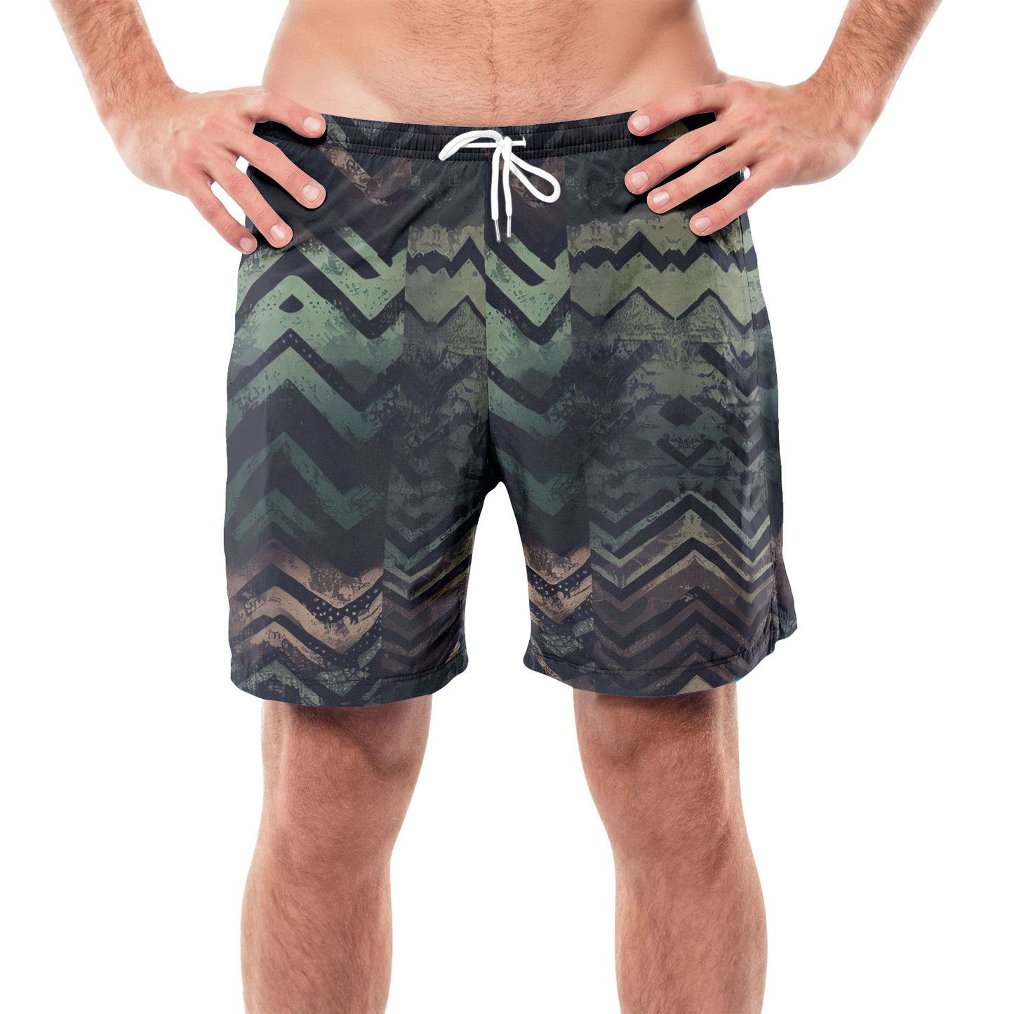 Vampire Art Grunge Patchwork Men's Beach Shorts - Herringbone in Green and Brown