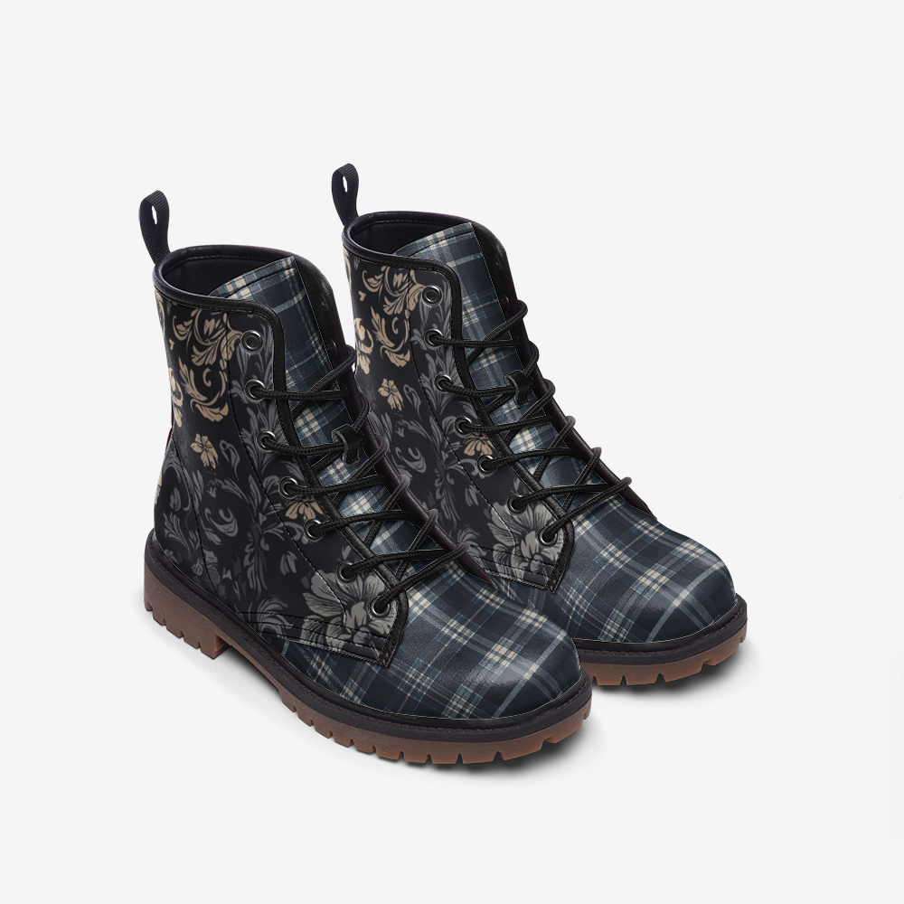 Vampire Art Dark Academia Grunge Victorian Floral & Blue Tartan Faux Leather Lightweight boots - US sizes