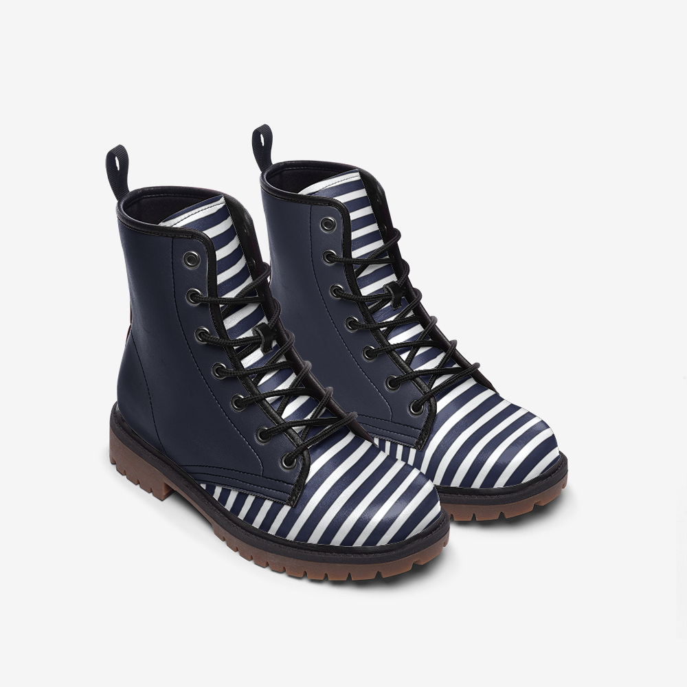 Vampire Art Charcoal Blue & White Stripy Casual Faux Leather Lightweight Boots