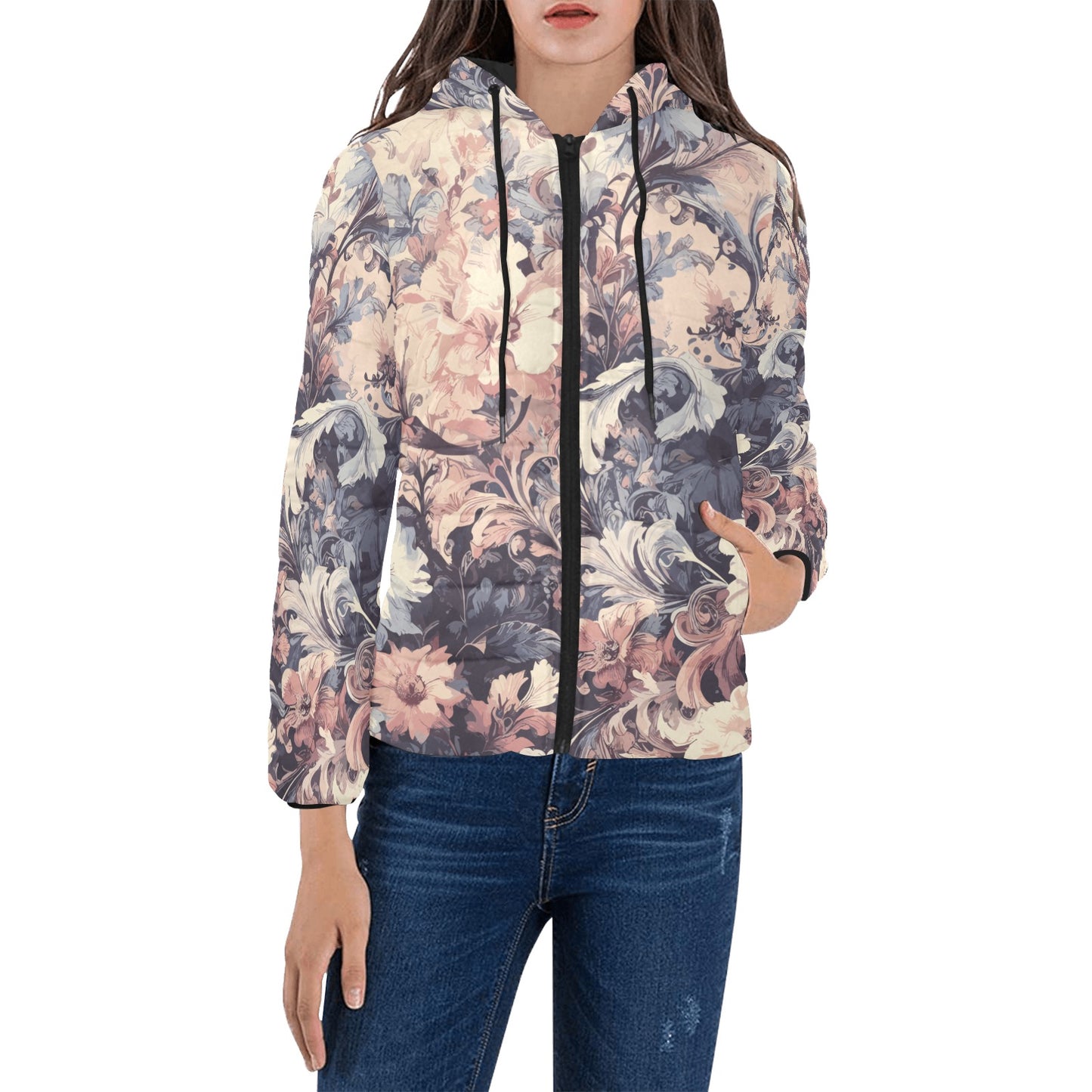 Vampire Art Grunge Victorian Flowers in Delicate Colours Women's Padded Hooded Jacket