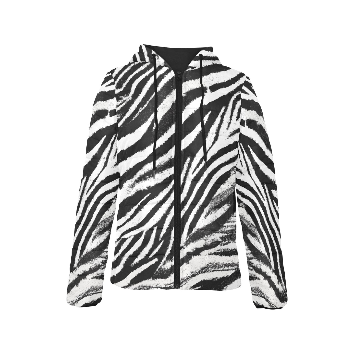 Vampire Art Grunge Animal Patterned Women's Padded Hooded Jacket - Grunge Black and White Zebra