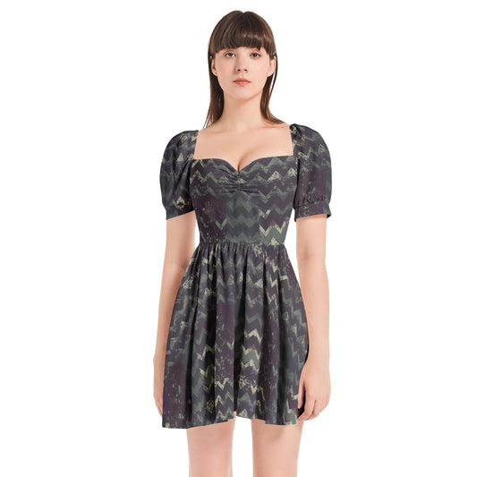 Vampire Art Grunge Patchwork Puff Sleeve Sweetheart Neck Short Dress - Herringbone