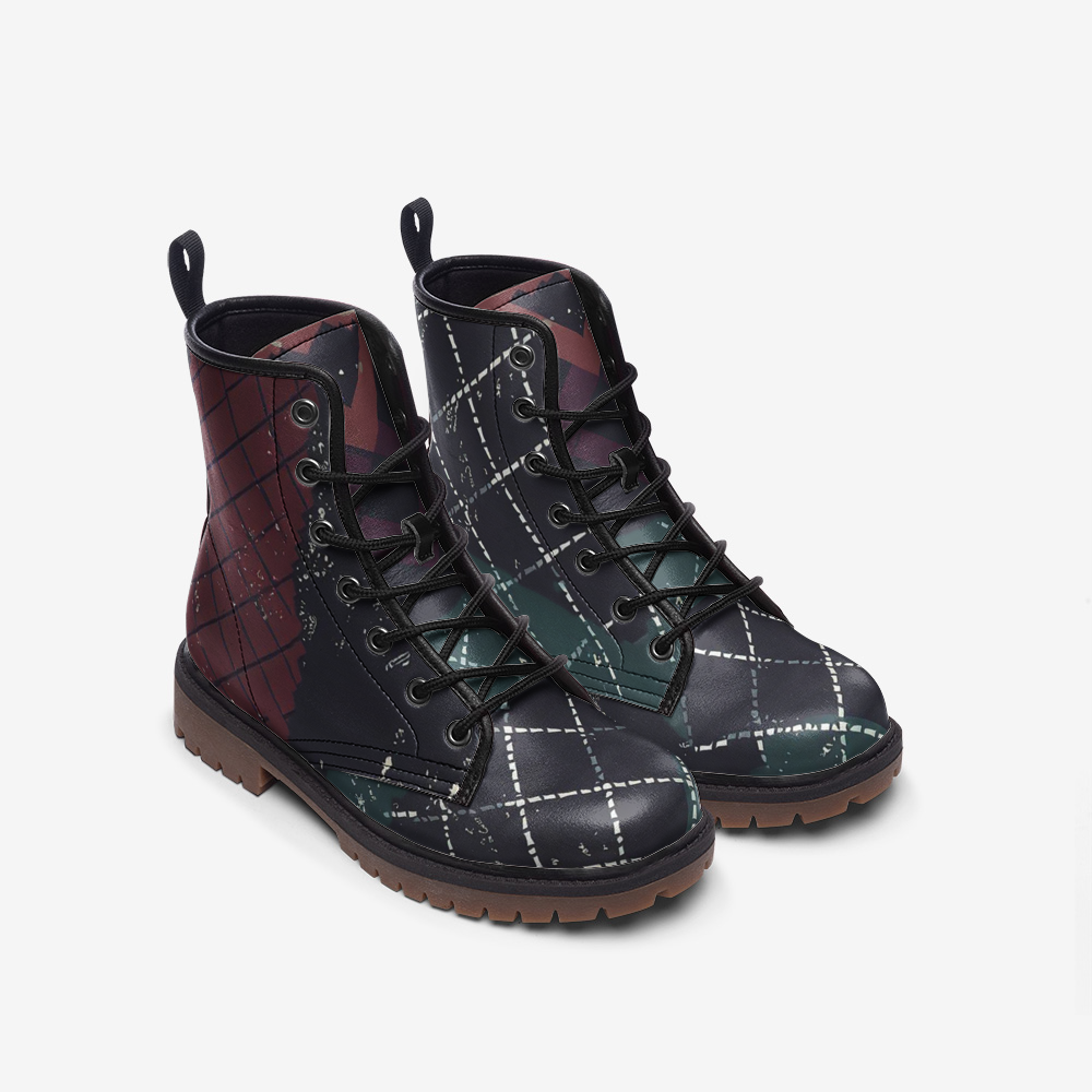 Vampire Art Grunge Patchwork Faux Leather Lightweight Combat Boots - Rusty and Green Plaid - US sizes