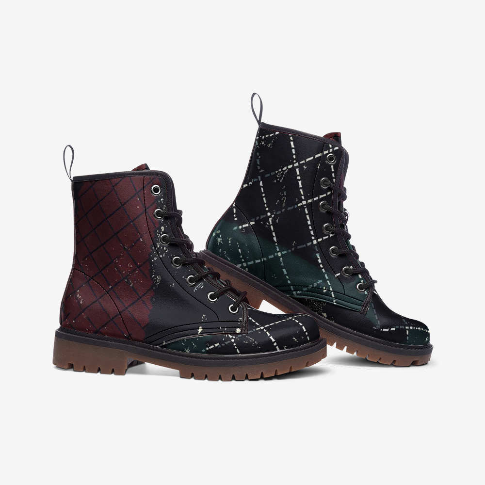 Vampire Art Grunge Patchwork Faux Leather Lightweight Combat Boots - Rusty and Green Plaid - US sizes