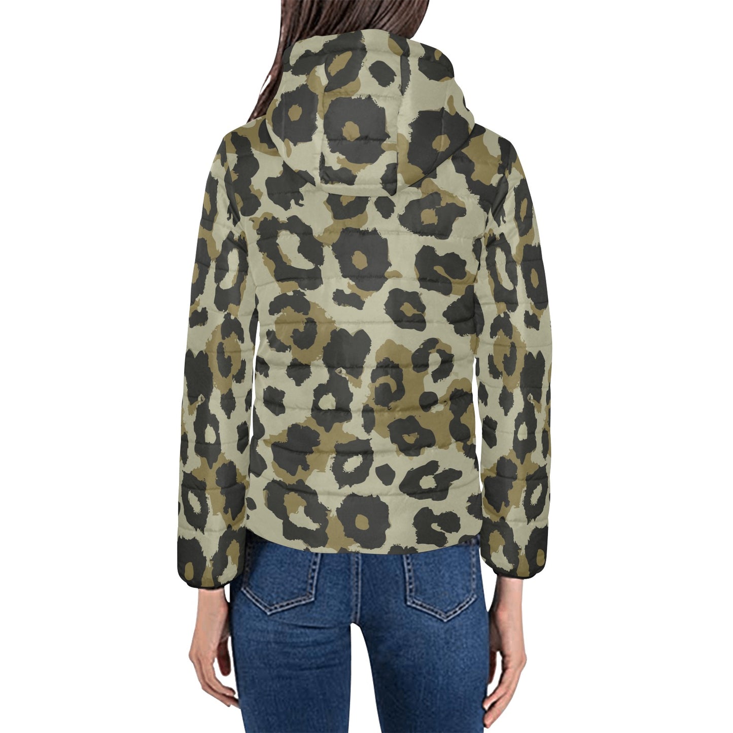 Vampire Art Grunge Animal Patterned Women's Padded Hooded Jacket - Grunge Khaki Leopard
