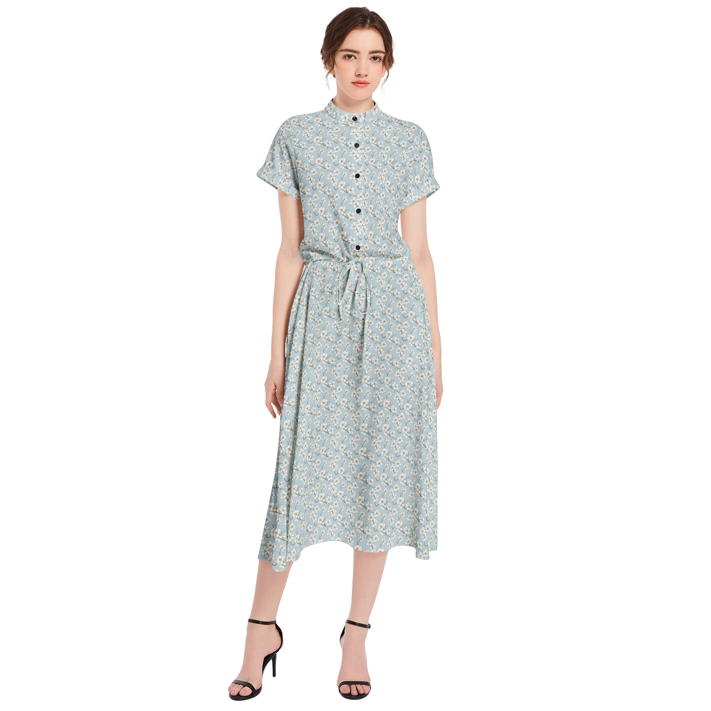 Vampire Art Retro French-style A-line Drawstring Flared Casual Midi Dress - Magnolia