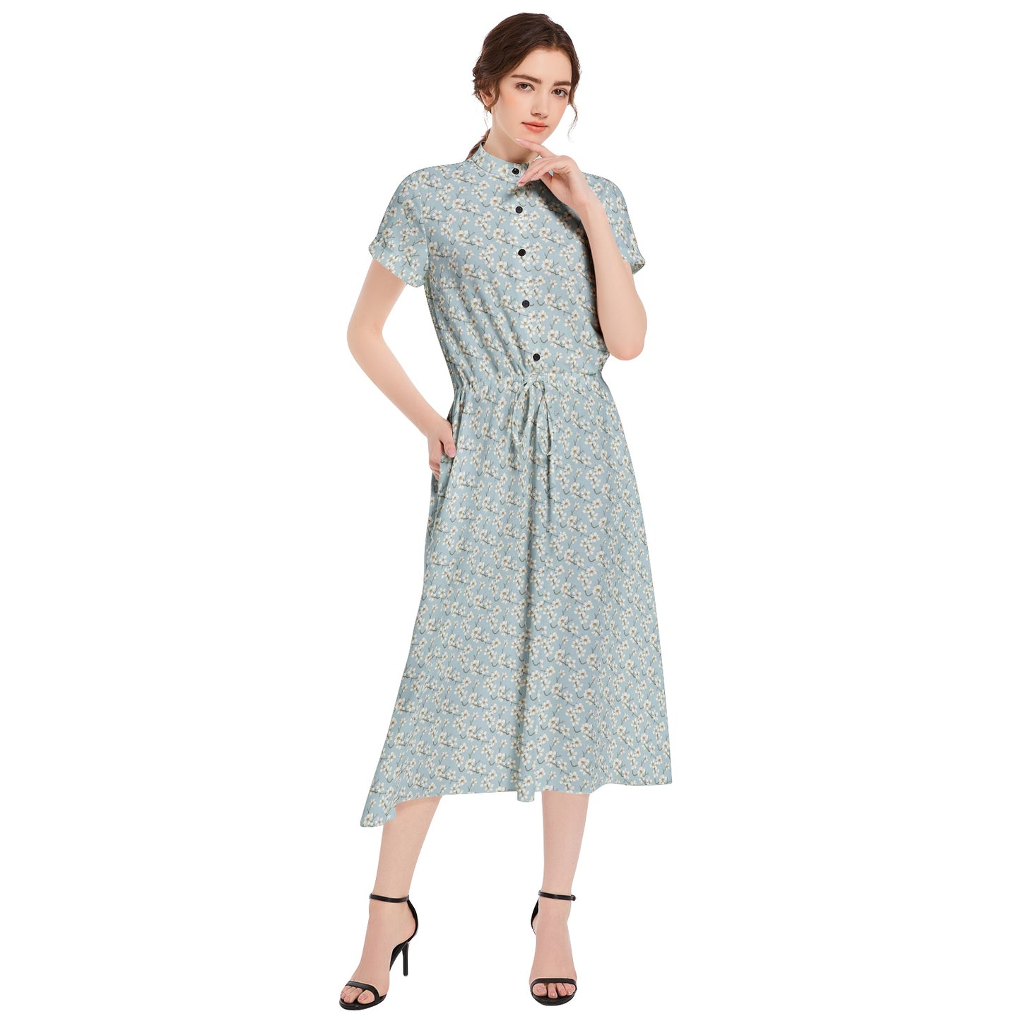 Vampire Art Retro French-style A-line Drawstring Flared Casual Midi Dress - Magnolia