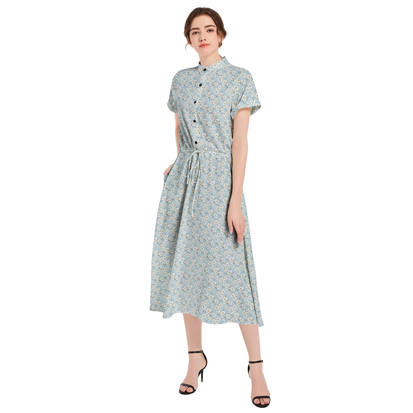 Vampire Art Retro French-style A-line Drawstring Flared Casual Midi Dress - Magnolia