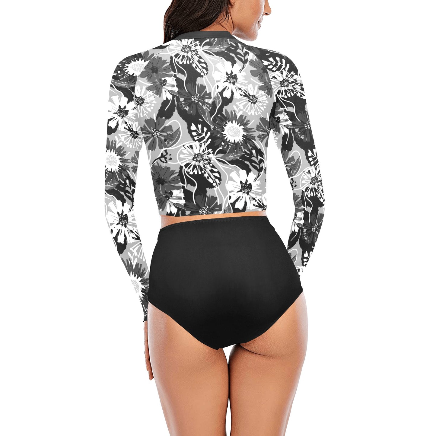 Vampire Art Women's Long Sleeve Bikini Set - Grungy Surfy Flowers in Black