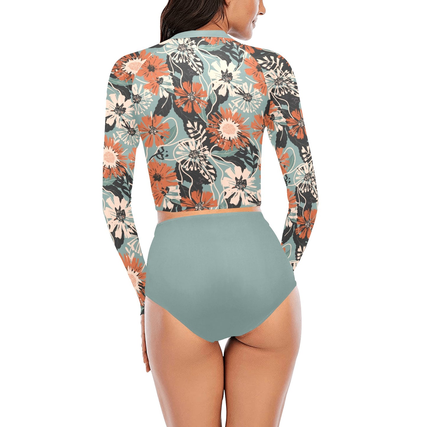 Vampire Art Women's Long Sleeve Bikini Set - Grunge Surfy Flowers in Grey