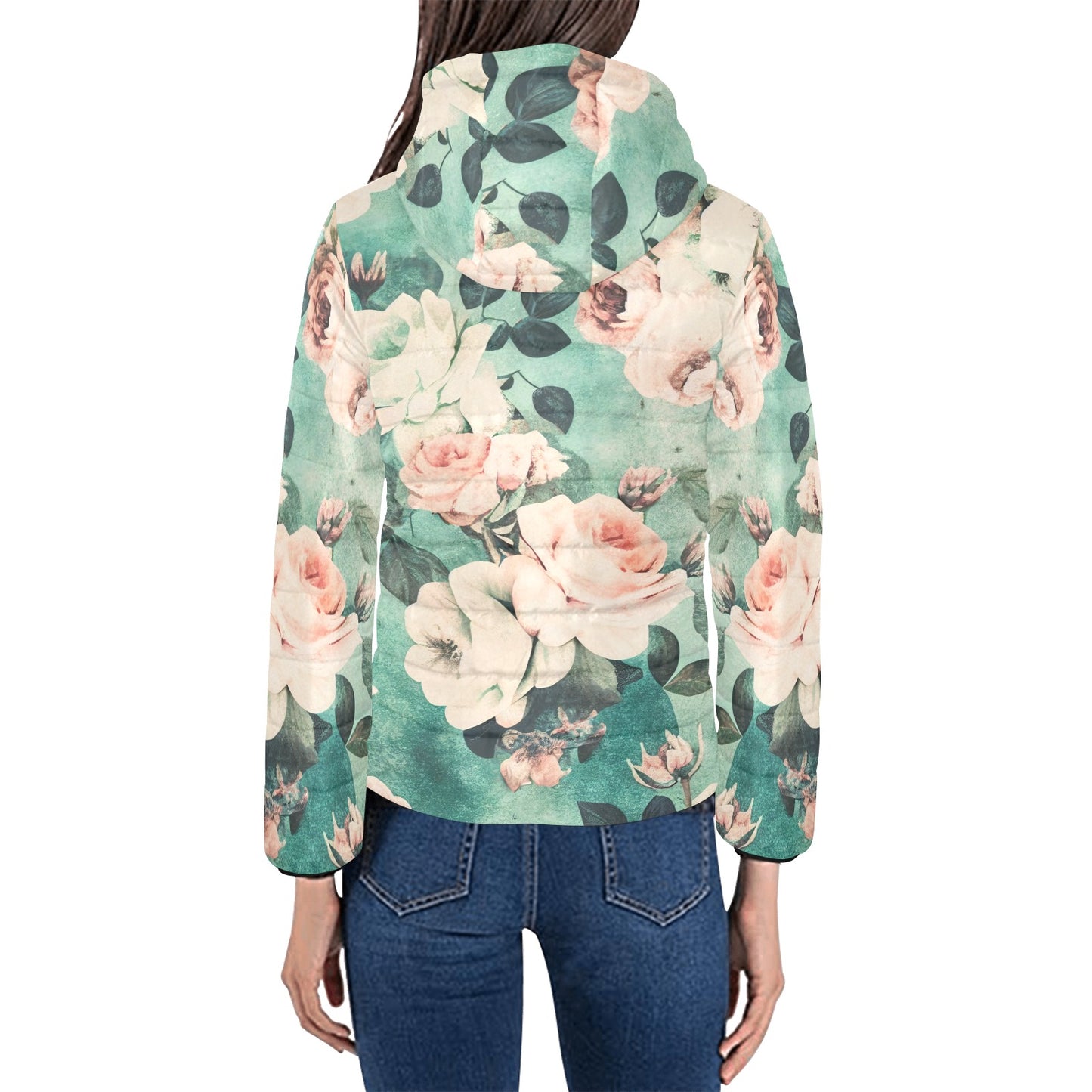 Vampire Art Grunge Retro Roses Women's Padded Hooded Jacket - Green