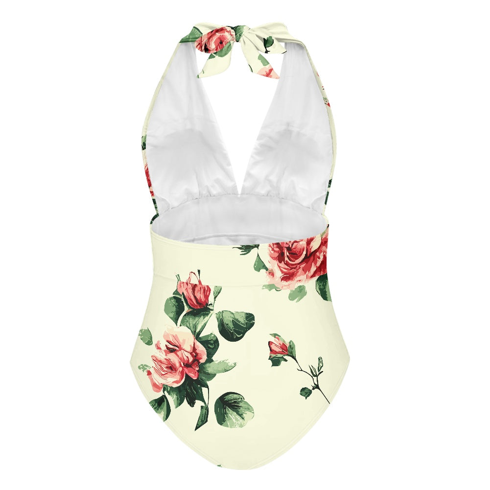 Vampire Art Retro Deep V High-Waisted One-piece Swimsuit - Retro Roses in Cream