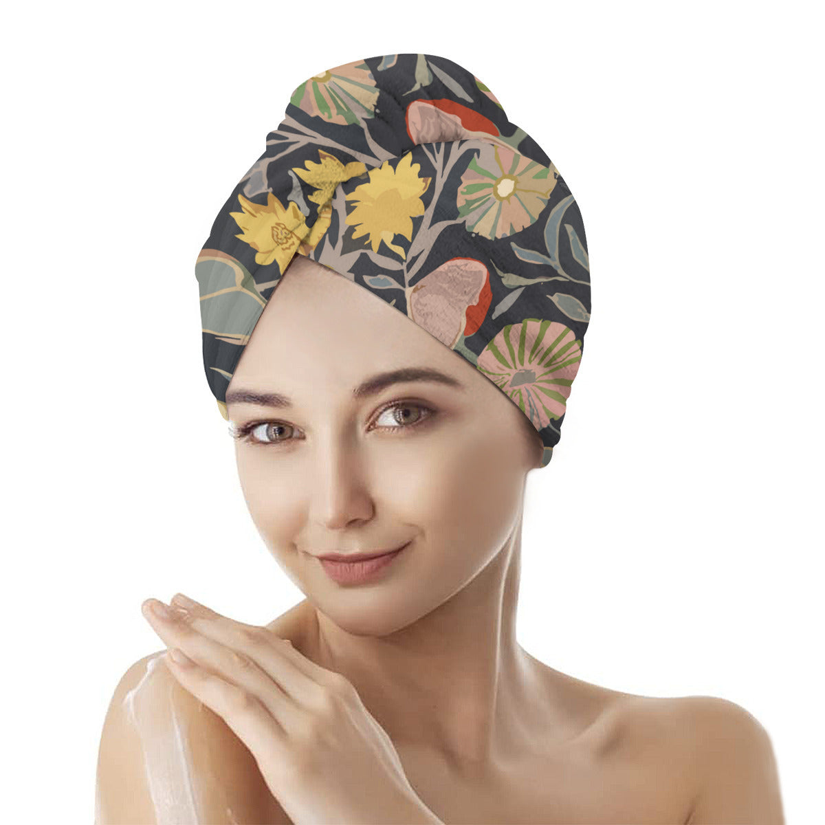 Vampire Art Retro Floral Hair Dryer Turban Cap Towel - Art Nouveau Flowers in Navy
