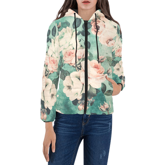 Vampire Art Grunge Retro Roses Women's Padded Hooded Jacket - Green