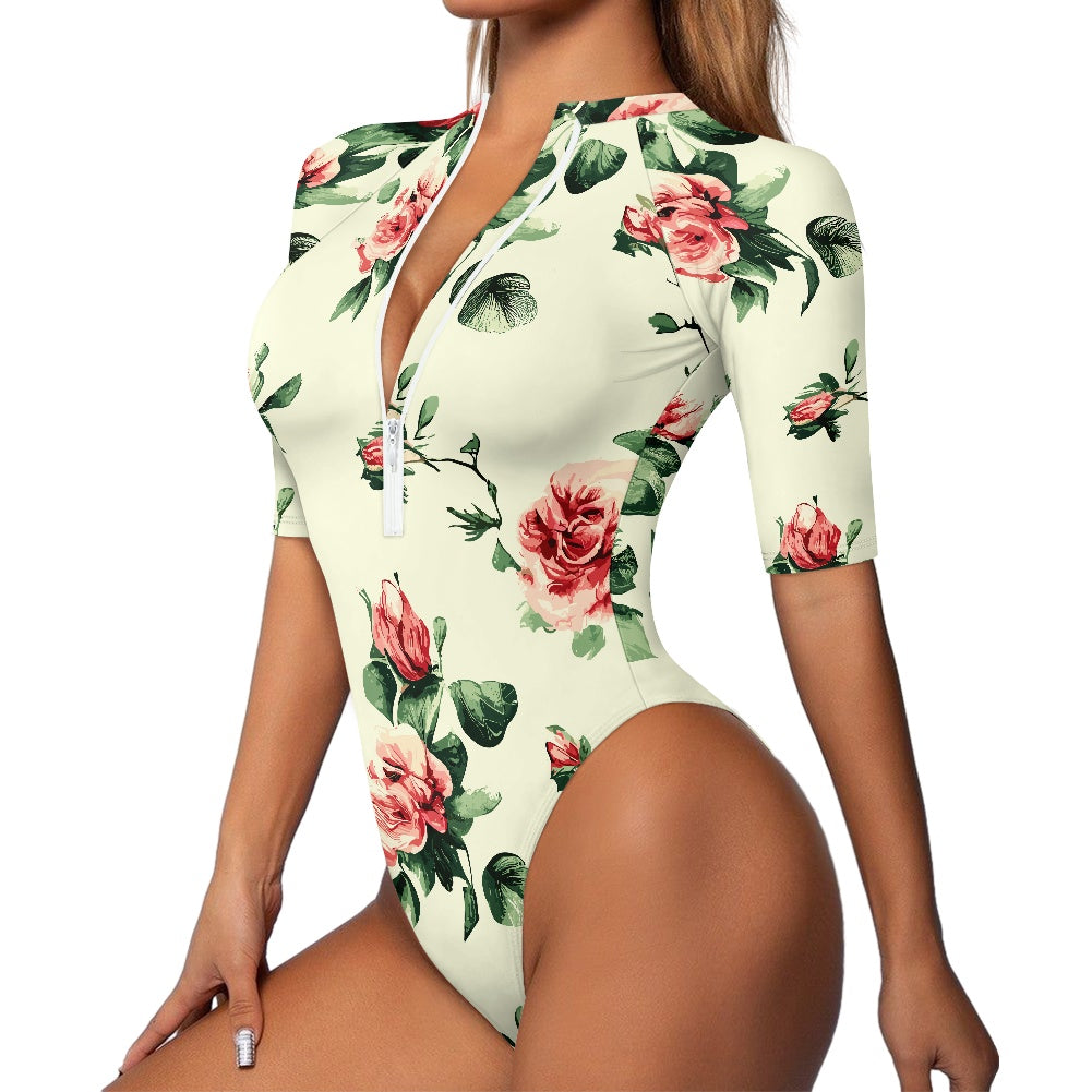 Vampire Art Half-sleeve Zipper Swimsuit - Retro Roses