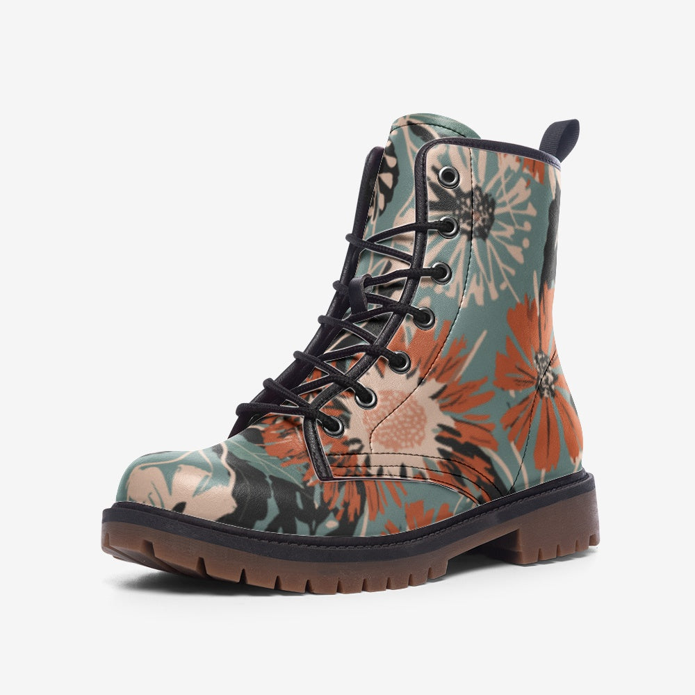 Vampire Art Retro Grunge Floral Faux Leather Vegan Boots - Grey and Orange - US sizes