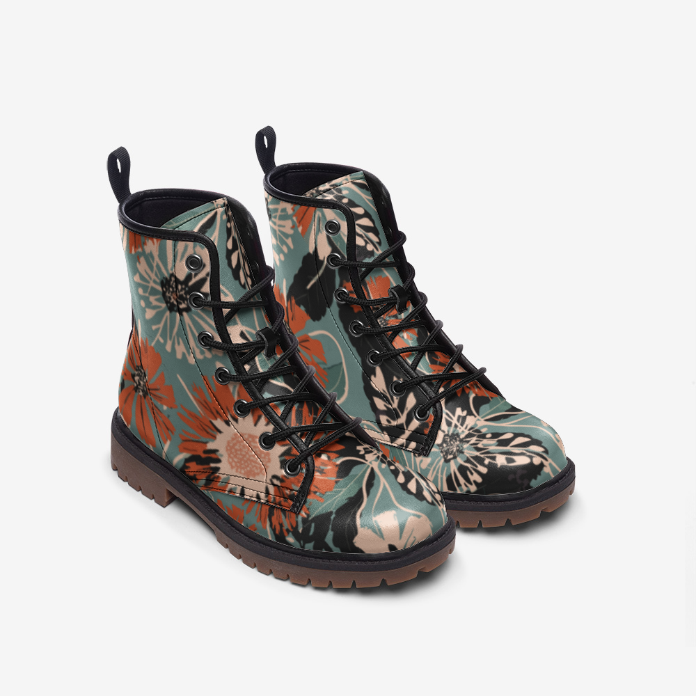 Vampire Art Retro Grunge Floral Faux Leather Vegan Boots - Grey and Orange - US sizes