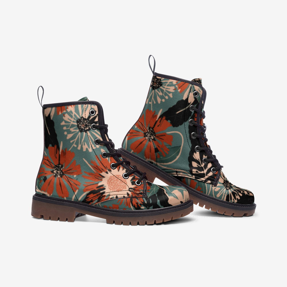 Vampire Art Retro Grunge Floral Faux Leather Vegan Boots - Grey and Orange - US sizes