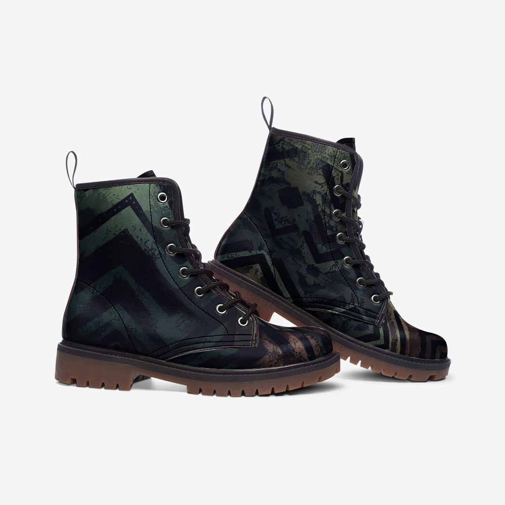 Vampire Art Grunge Patchwork Faux Leather Lightweight Combat Boots - Green Herringbone