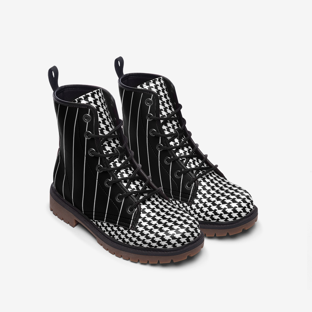 Vampire Art Casual Faux Leather Lightweight Boots - Black Victorian Pinstripe with Retro Houndstooth