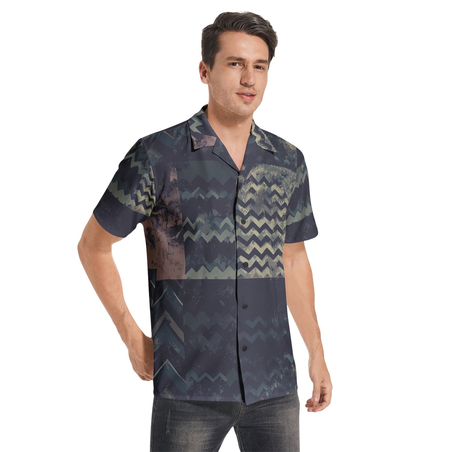 Vampire Art Grunge Patchwork Men's Short Sleeve 100% Premium Cotton Shirt - Dark Herringbone