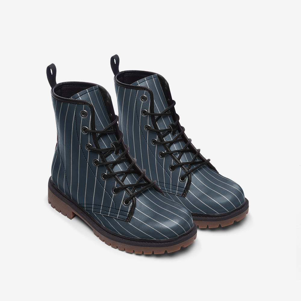 Vampire Art Dark Academia Grunge Victorian Charcoal Blue Vintage Pinstripe Vegan Leather Unisex Combat Boots - US sizes